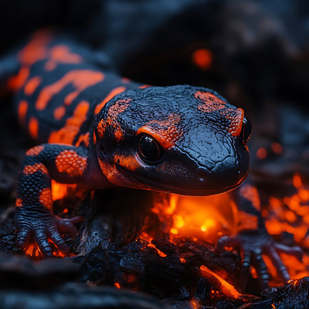 A stunning close-up image of a vibrant salamander featuring an orange and black pattern, resting on charcoal in a dark forest. Perfect for nature lovers and wildlife enthusiasts.の素材