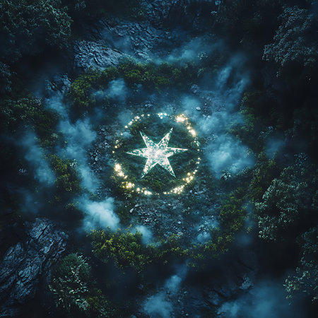 A serene and mystical scene featuring a glowing star at the center of a lush forest, enveloped by ethereal mist and stunning natural elements, evoking a sense of magic.の素材