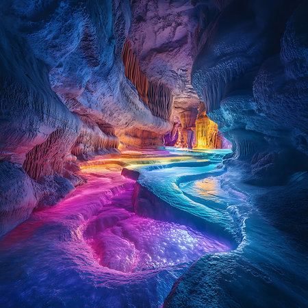 Experience the breathtaking beauty of a vibrant underground river flowing through an enchanting cave, showcasing stunning colors and intricate rock formations that invite exploration.の素材