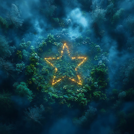 Mesmerizing view of a glowing star shape within a lush green forest, enveloped in mist, creating a serene and enchanting atmosphere. Perfect for nature and fantasy themes.の素材