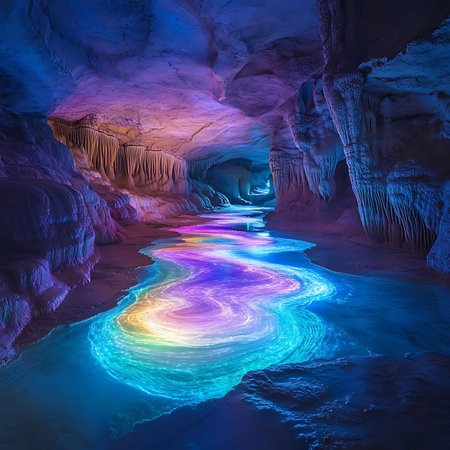A mesmerizing scene of an underground river flowing through a vibrant cave, illuminated by colorful lights, creating stunning reflections and an enchanting atmosphere.の素材