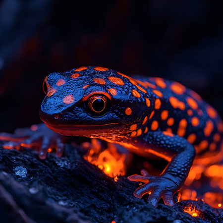 A stunning close-up of a vibrant amphibian with bright orange spots set against dark rocks. The warm glow creates an enchanting atmosphere, highlighting the frog's beauty.の素材
