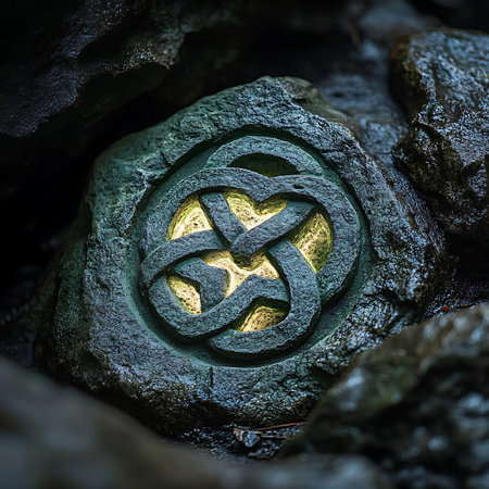 A close-up view of an artistic stone featuring intricate patterns, softly illuminated amidst dark rocks, capturing the beauty of nature and craftsmanship in perfect harmony.の素材