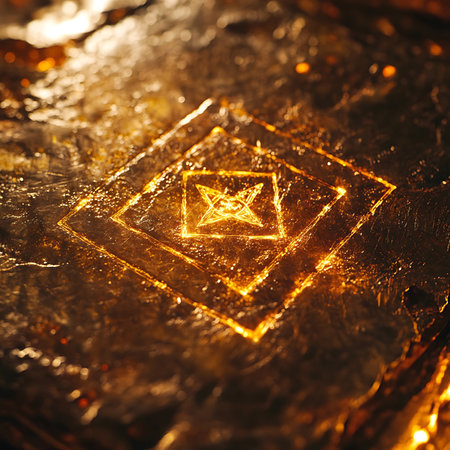 Stunning close-up of a golden texture showcasing an engraved star symbol, perfect for artistic backgrounds, digital designs, and creative concepts that evoke elegance and richness.の素材