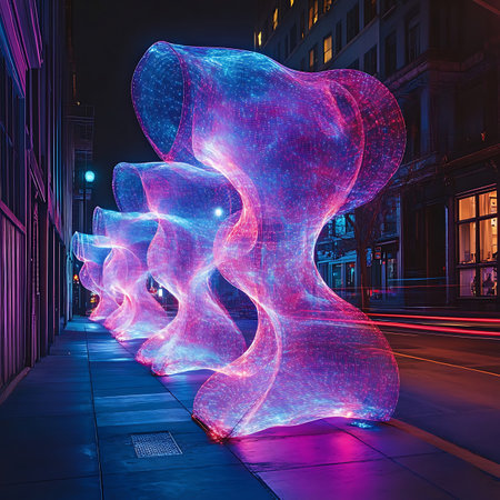 Discover a captivating display of light sculptures that transform an urban street into a vibrant artwork, blending modern design with ethereal beauty and dynamic colors.の素材