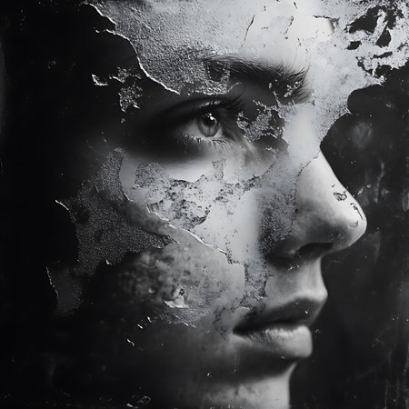 A contemplative portrait of a young individual obscured by textured glass, emphasizing emotional depth and reflection through a striking black and white aesthetic.の素材