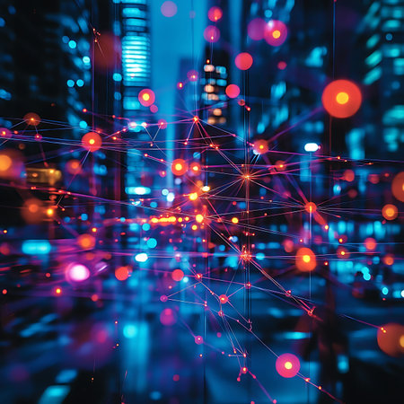 Captivating depiction of futuristic network connections in an urban night setting, featuring vibrant lights and glowing particles that illustrate technology and modern life.の素材