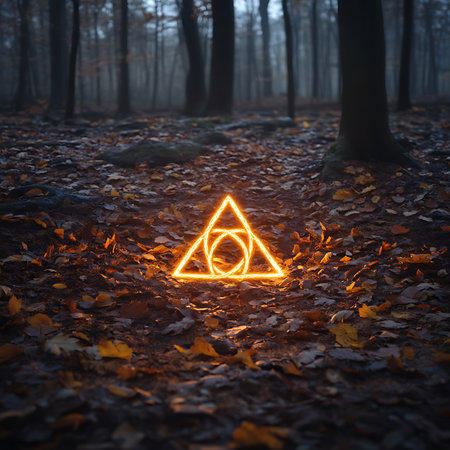 Enigmatic forest scene featuring glowing geometric shapes surrounded by fallen leaves, creating a captivating atmosphere of mystery and beauty in nature.の素材