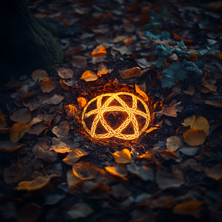 Experience a mesmerizing scene of a mysterious glowing pattern amidst fallen leaves in a forest, creating an enchanting atmosphere with warm orange light.の素材