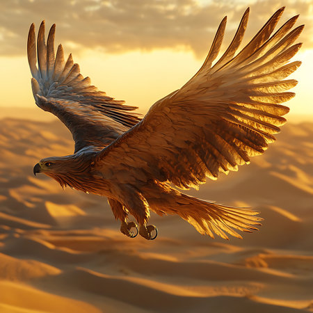 An eagle gracefully soars over a stunning desert landscape at sunset, showcasing its expansive wings and highlighting the beauty of nature and wildlife.の素材