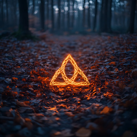 A captivating triangular light pattern illuminates a forest floor blanketed in vibrant autumn leaves, evoking a sense of mystery and tranquility in natureâs enchanting embrace.の素材