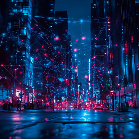 A captivating urban night scene showcasing skyscrapers illuminated by vibrant blue and red lights, enhanced by a digital network overlay and reflective wet pavement.の素材