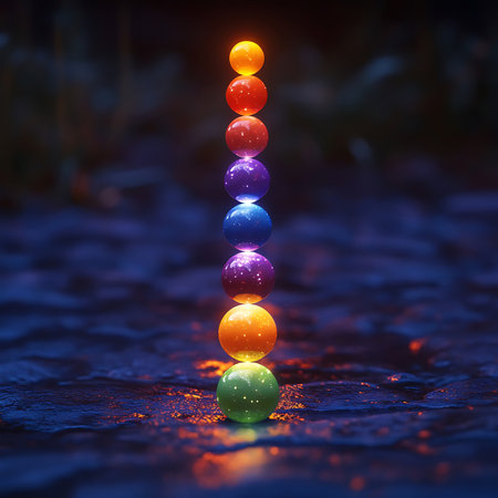 A stunning display of vibrant colored orbs stacked vertically, reflecting a soft ambient light on a glossy surface, creating a captivating and serene atmosphere.の素材
