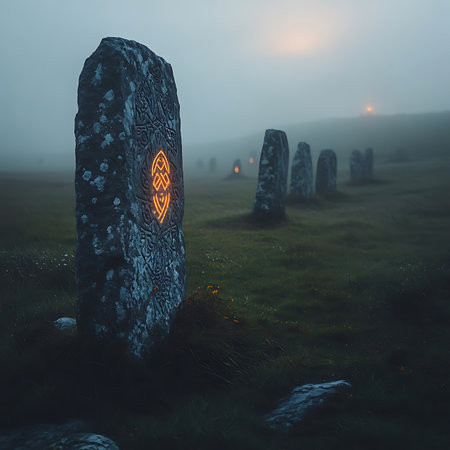 Experience the ethereal beauty of ancient stones etched with intricate designs, bathed in warm glows and surrounded by a mystical fog in a tranquil evening landscape.の素材