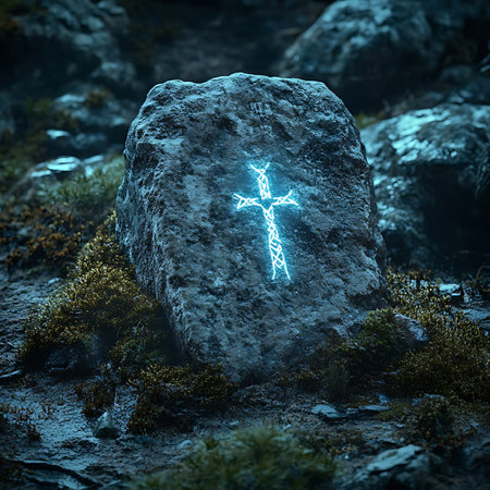 A captivating scene of a cross carved into a stone, illuminated softly by the fading light, nestled in lush greenery, capturing a sense of spirituality and tranquility in nature.の素材