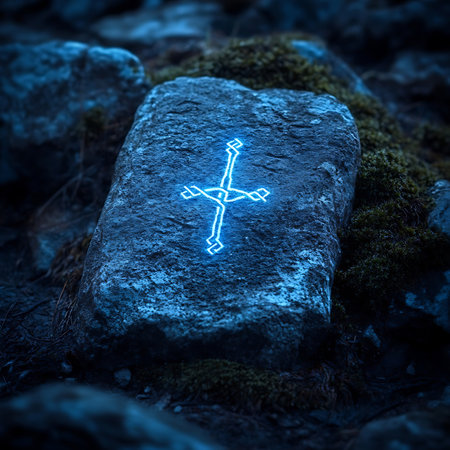 An ancient rune symbol glows softly on a weathered stone, nestled in a mossy forest setting, inviting admiration and reflection on cultural heritage and nature's timeless beauty.の素材