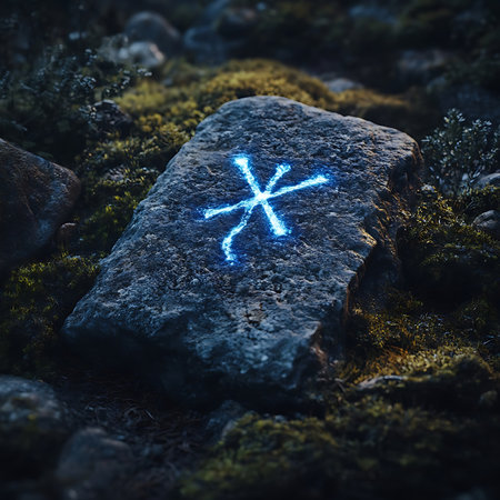 A rugged stone showcases a mystical symbol, softly illuminated, surrounded by lush greenery, highlighting the beauty of nature and ancient cultural heritage in a tranquil setting.の素材