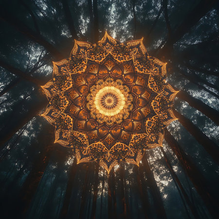 A mesmerizing mandala design radiates warmth through intricate patterns, set against a mystical forest backdrop, creating a serene and enchanting atmosphere.の素材