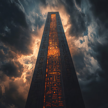 A stunning obelisk stands tall against a dramatic sky, its hieroglyphs illuminated by warm sunset light, creating a captivating scene rich in history and mystery.の素材