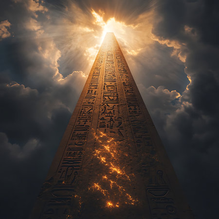 A stunning view of a towering obelisk bathed in warm sunlight, surrounded by dramatic clouds. This atmospheric landscape captures the essence of ancient Egyptian architecture and mystique.の素材