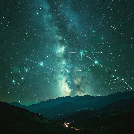 A breathtaking view of a star-filled night sky showcasing bright constellations above a serene mountain landscape, perfect for nature and astronomy lovers seeking tranquility.の素材