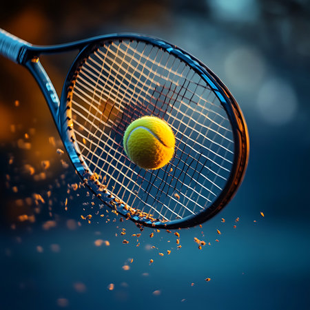 A stunning close-up view of a tennis racket striking a bright yellow ball, creating a dramatic scene with dust particles and beautiful light, capturing the essence of outdoor sports.の素材