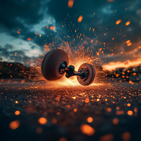 A captivating close-up of a spinning toy car creating sparks and smoke on a smooth surface, beautifully contrasted by a dramatic cloudy sky at twilight.の素材