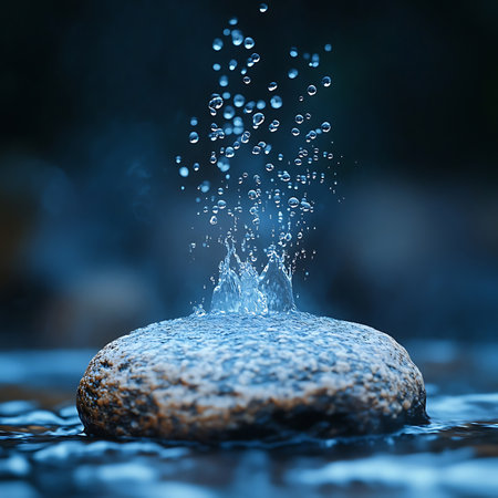 This captivating image showcases a close-up view of water droplets splashing above a smooth rock, highlighting the beauty and tranquility of nature.の素材