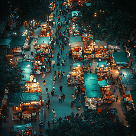 A captivating aerial view of a bustling night market filled with colorful stalls, bright lights, and enthusiastic shoppers, showcasing a lively urban atmosphere.の素材