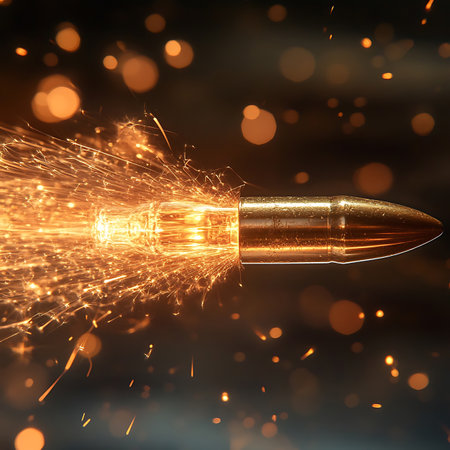 A dramatic depiction of a bullet in motion, showcasing sparks and light trails, emphasizing its power and speed, perfect for themes of technology and action.の素材