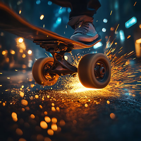 A vivid night scene showcasing a skateboarder executing a trick, with sparks flying from the wheels as they glide over the asphalt in an urban environment, full of energy.の素材