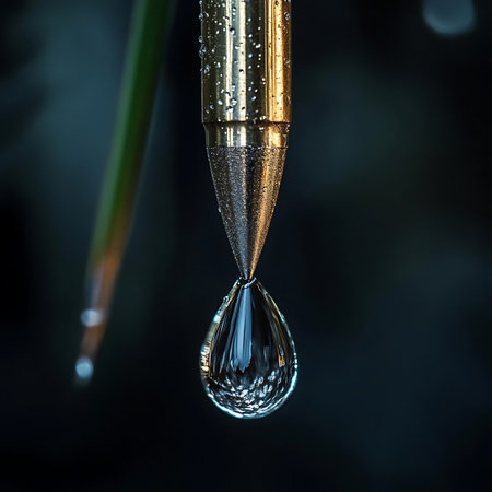 A stunning close-up showcasing a water droplet hovering on a metallic pen tip, surrounded by vibrant foliage, creating a serene and artistic atmosphere filled with captivating light reflections.の素材