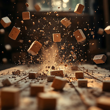 A captivating scene featuring an explosion of wooden blocks illuminated by ambient light, showcasing the beauty of motion and the atmosphere created by scattered particles.の素材