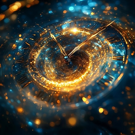 This captivating image features a golden clock face immersed in swirling colors and sparkling lights, symbolizing the enigmatic journey of time and the mysteries surrounding it.の素材