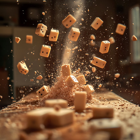 Vibrant image showcasing falling dice above a wooden surface, with dust particles suspended in the air, creating a dynamic and playful atmosphere perfect for gaming themes.の素材