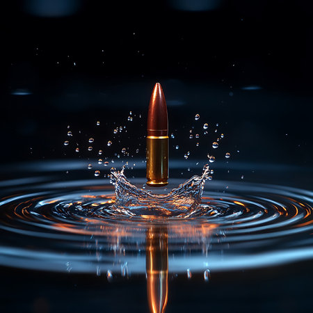 A striking close-up image of a bullet impacting water, creating intricate splash and ripple effects. This dynamic scene captures motion and beauty in a unique artistic representation.の素材