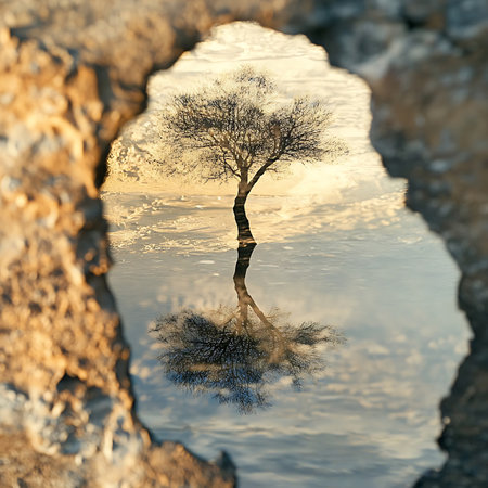 A lone tree stands in still water, creating a mesmerizing reflection. The textured rock formation adds depth to a serene natural scene, perfect for tranquil environments.の素材