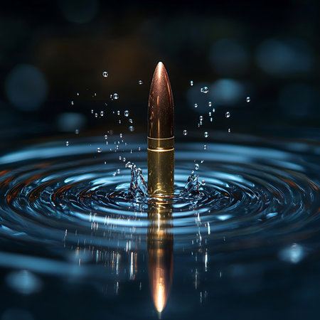 Explore a captivating close-up of a bullet creating a stunning splash in water, featuring intricate droplets and vibrant ripples against a blue backdrop.の素材