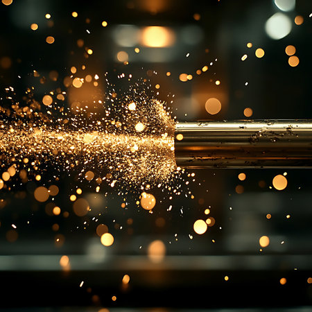 A stunning scene of a sparkler releasing golden particles against a dark backdrop, capturing the essence of celebration and adding a magical glow to any event.の素材