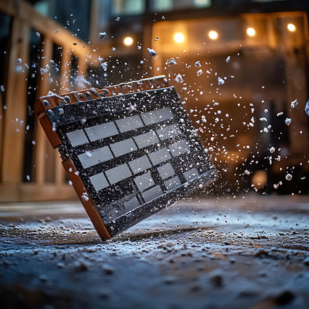 Captivating image of an acrylic board shattered in motion, showcasing glass shards surrounded by dust in a soft focus setting, emphasizing dynamic action and texture.の素材