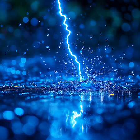 Captivating image depicting blue lightning striking a water surface, creating dynamic splashes and ripples amidst a rainy atmosphere with a glowing bokeh background.の素材