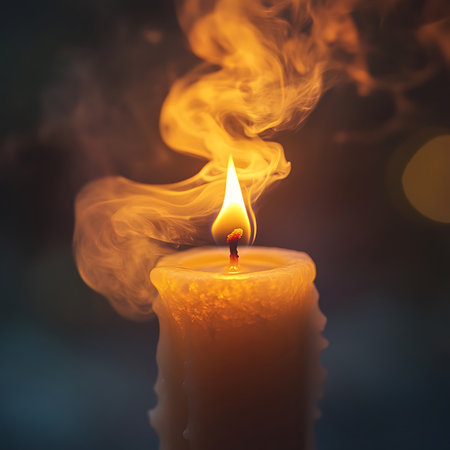 A mesmerizing close-up of a flickering candle flame surrounded by enchanting smoke, creating a serene atmosphere perfect for relaxation and meditation.の素材
