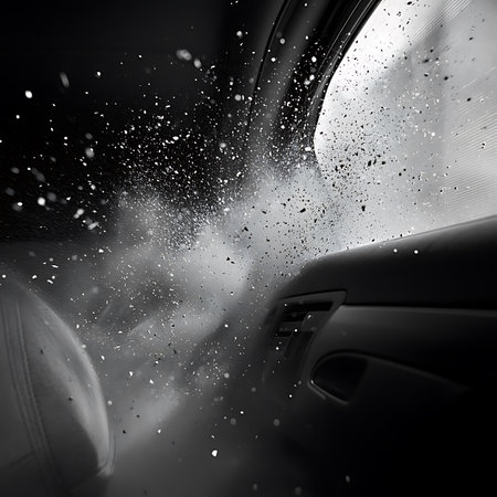 A striking abstract visual capturing an explosion of dust and particles within a vehicle, conveying motion and chaos through a monochrome palette of black and white tones.の素材