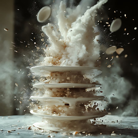 This captivating image depicts an explosion of food and plates in mid-air, creating a stunning visual of chaos and energy, perfect for culinary-themed projects.の素材