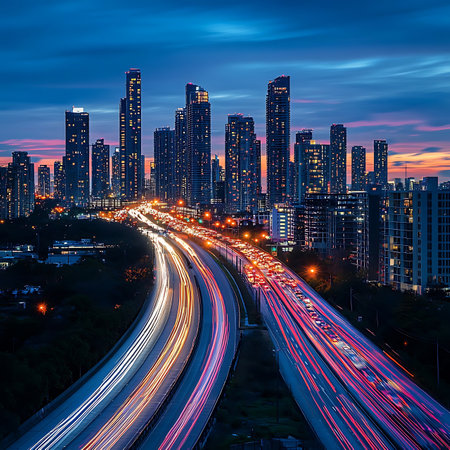 Enchanting view of a city skyline at dusk, featuring vibrant colors in the sky and dynamic traffic movement on the highway, embodying urban life and modern architecture.の素材