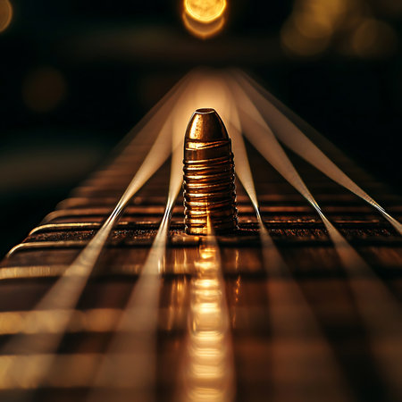 This captivating close-up image features a guitar string and bridge, showcasing the intricate details and warm bokeh effect, perfect for music and art enthusiasts.の素材