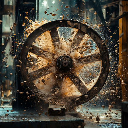 Captivating image of an active water wheel generating a vibrant spray as it turns, highlighting the blend of nature and rustic machinery in a stunning outdoor setting.の素材