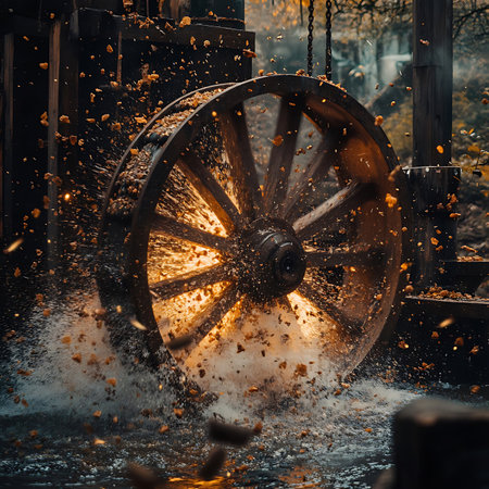 Captivating image of a rustic waterwheel splashing water in a tranquil forest, highlighting the interplay between nature and mechanical power in a serene environment.の素材