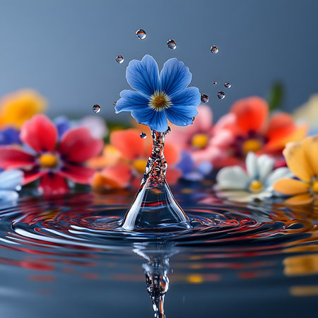 A stunning close-up of a blue flower with water droplets on its petals, set against a backdrop of colorful blossoms, symbolizing the beauty and tranquility of nature.の素材