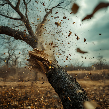 A captivating moment capturing the force of nature as a tree branch breaks, sending splinters and leaves flying, set against a moody cloudy sky to enhance the atmosphere.の素材